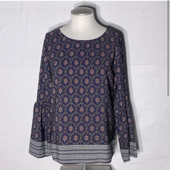 Les Amis Navy Blue Brown Cream Print Long Bell Sleeve Boho Blouse S - Picture 2 of 14